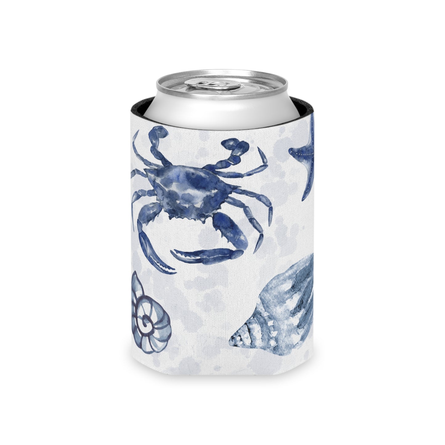 Can Cooler — Coastal Blue Seashell & Turtle Drink Koozie (OASIS Logo)