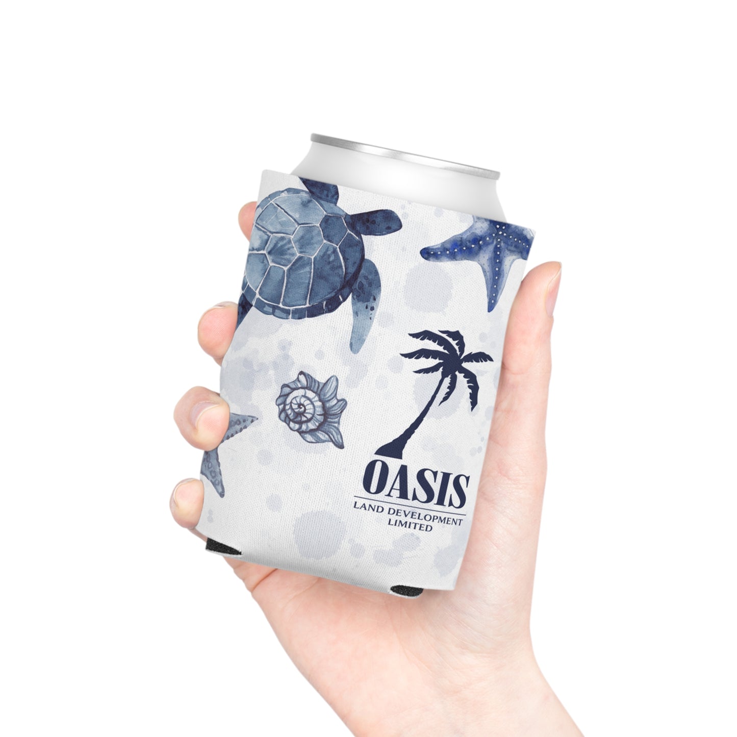 Can Cooler — Coastal Blue Seashell & Turtle Drink Koozie (OASIS Logo)